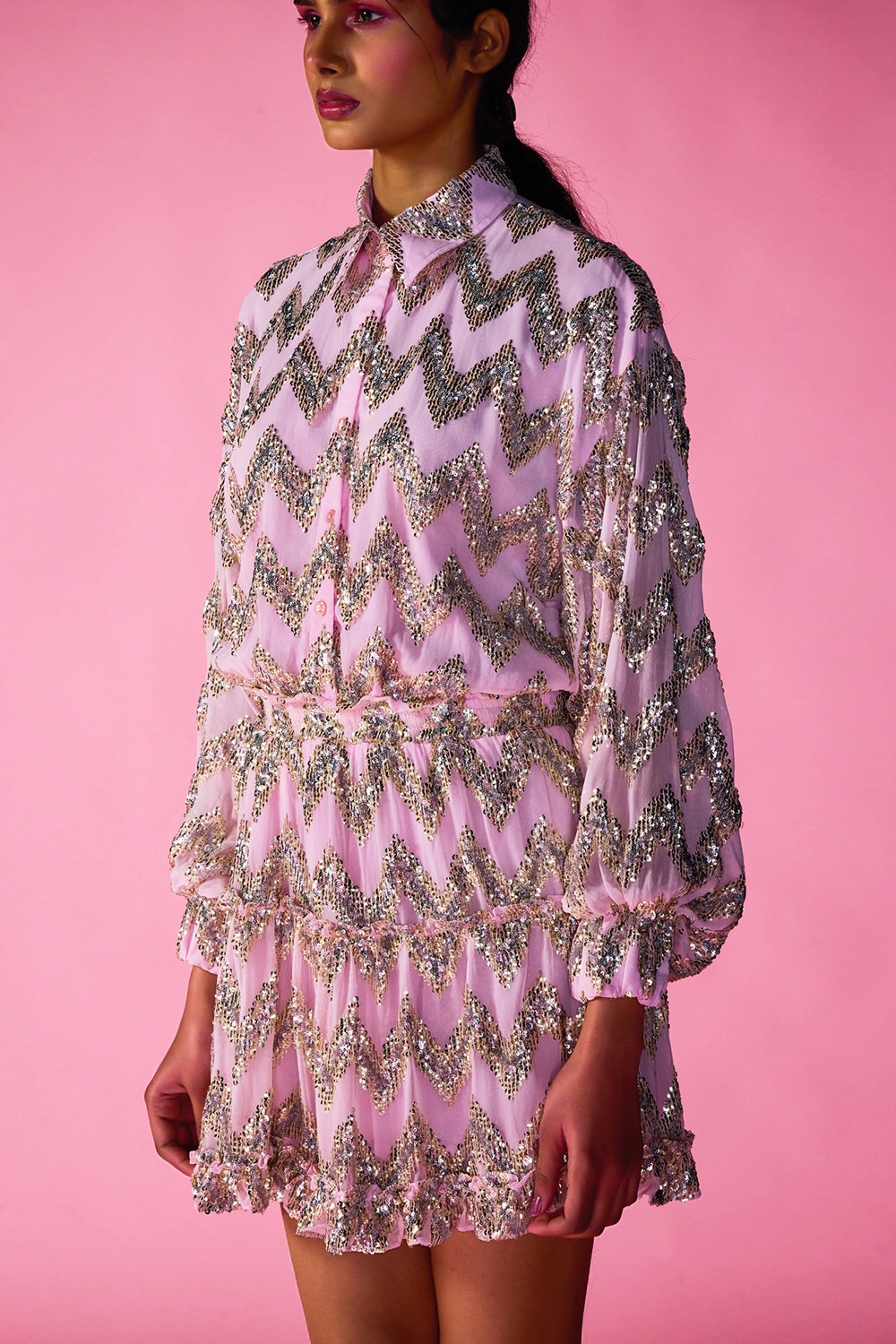 Powder Pink Chevron Sequin Collared Shirt Dress