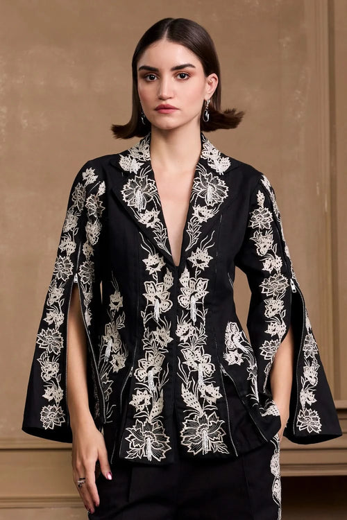Black Contrast Work Zipper Detail Jacket