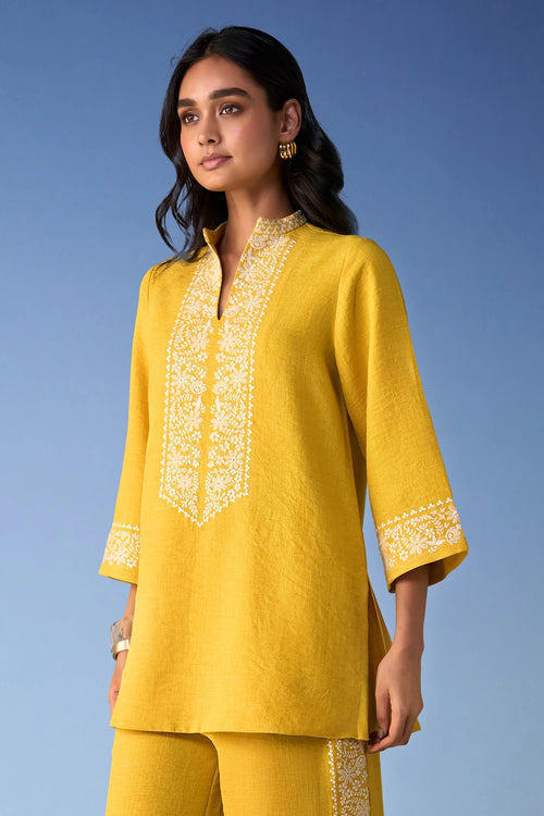 Embroidered Linen-Textured Longline Top