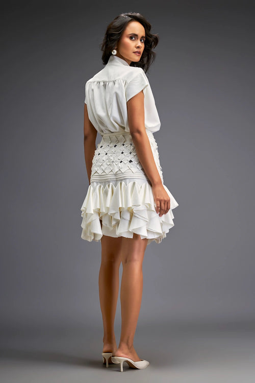 White Metallic Silver Ruffle Skirt Set