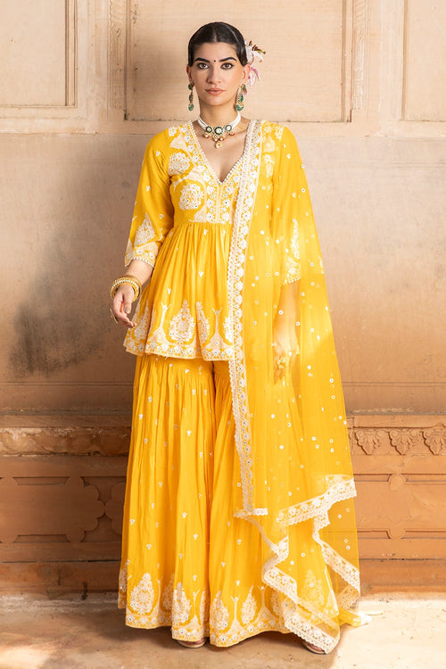Orange all-over Embroidered Tower Sharara with Dupatta