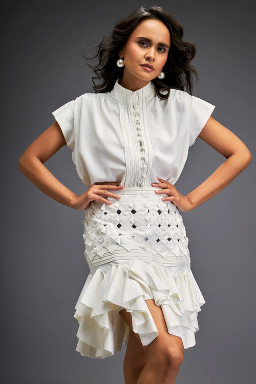 White Metallic Silver Ruffle Skirt Set