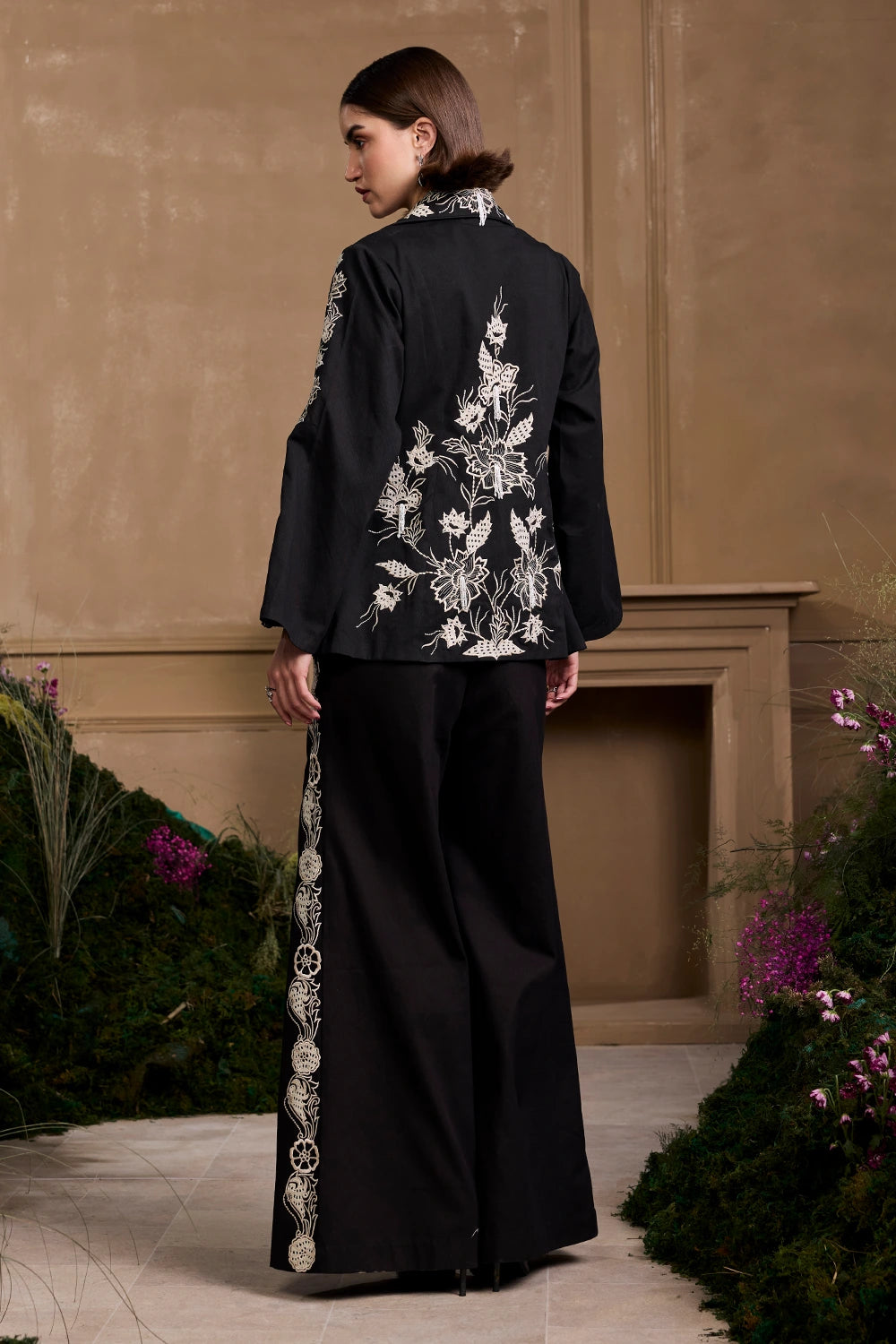 Black Contrast Work Zipper Detail Jacket With Embroidered Flared Pants