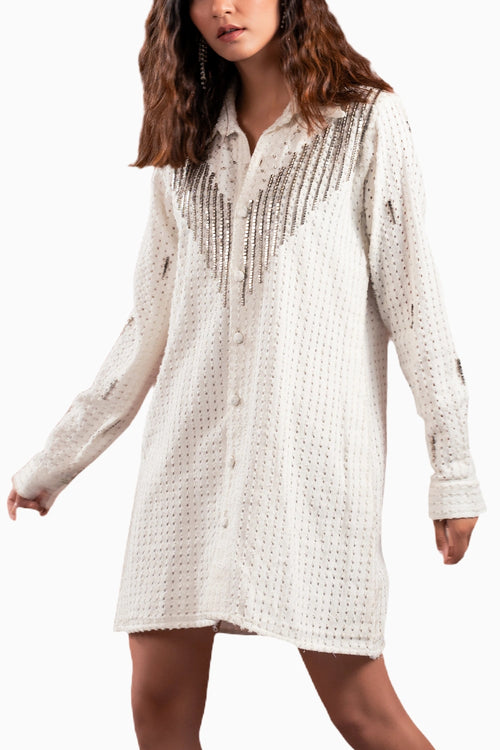 White Denim Lazercut Embellished Shirt Dress