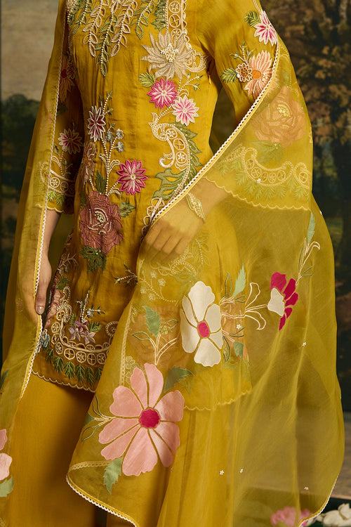 Amber Yellow Floral Applique Dupatta