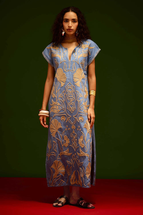 Denim Blue Orange Garden Thread Embroidered Maxi Dress