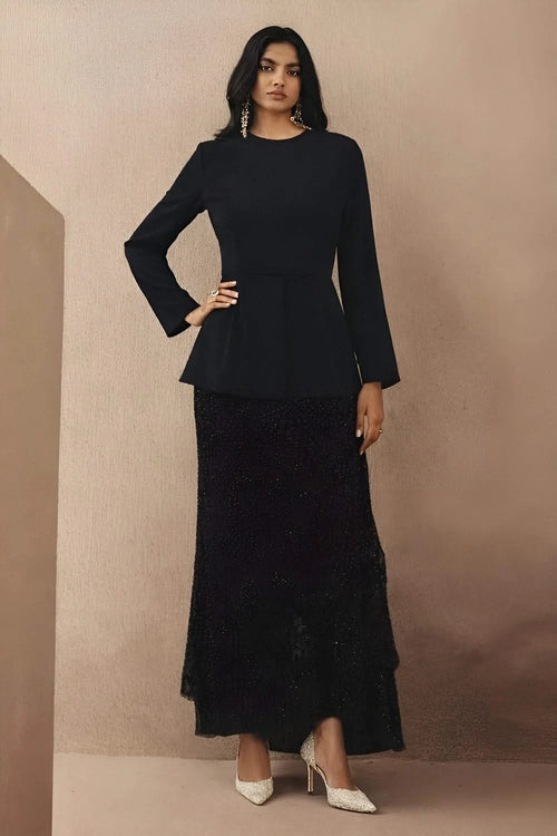 Black Full Sleeves Peplum Top with Asym Skirt