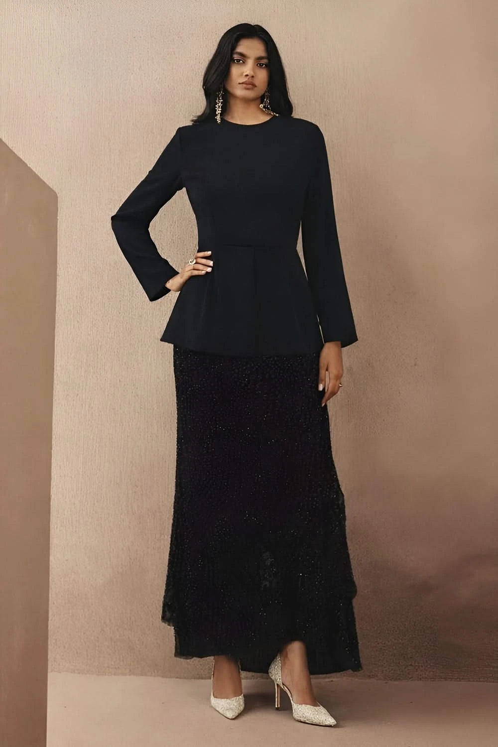 Black Full Sleeves Peplum Top