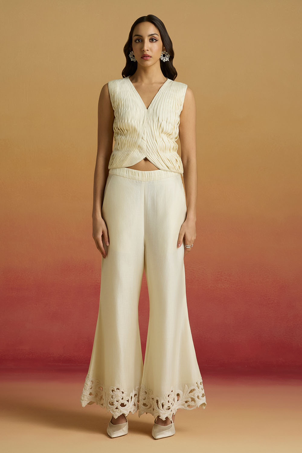 Ivory Pleated Crop Top and 3D Flared Amaryllis Jacket with Bell Bottoms
