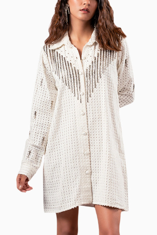 White Denim Lazercut Embellished Shirt Dress
