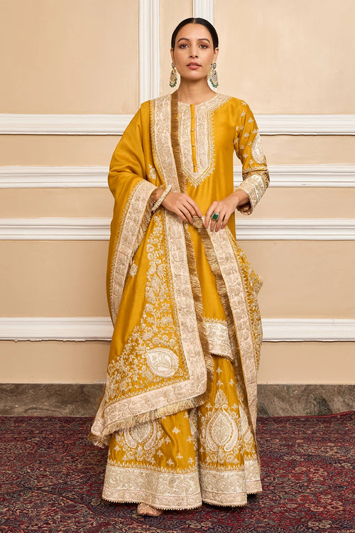 Raina Glaze Mustard Kurta with Sharara and Dupatta