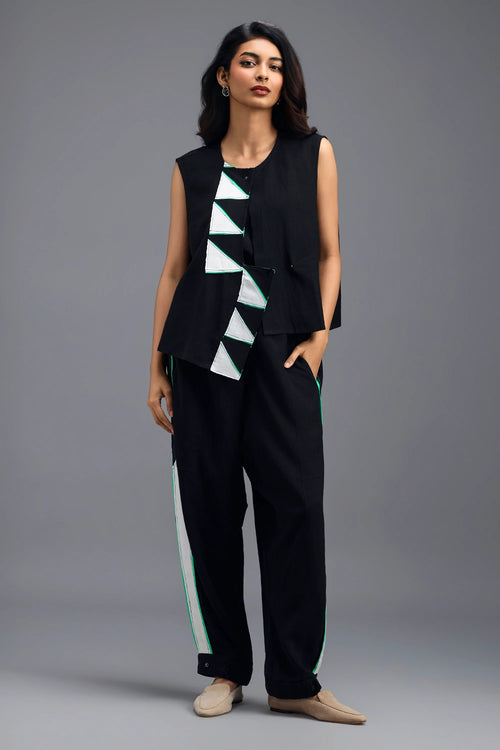 Black Neon Piped Jacket with Crop Top and Stripe Pants