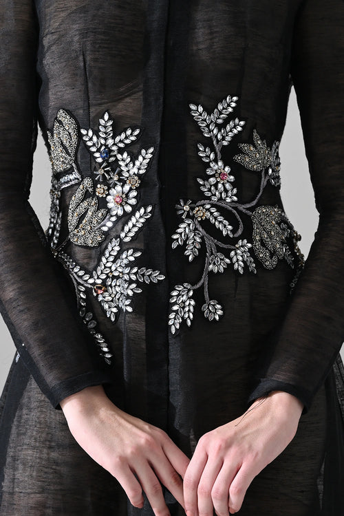 Black Silhouette Withsheer Layers And Silver Embroidery