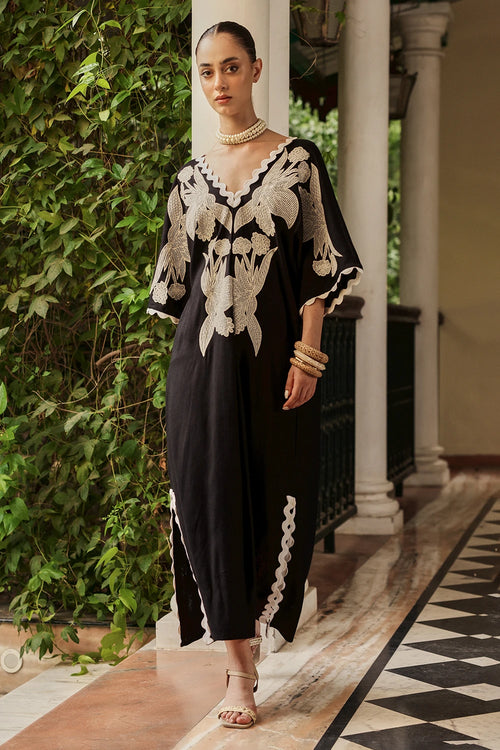 Honeycomb Embroidered Black Kaftan