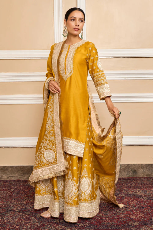 Raina Glaze Mustard Kurta with Sharara and Dupatta