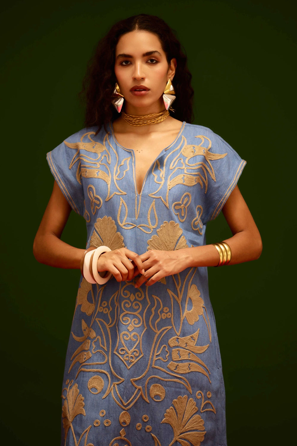Denim Blue Orange Garden Thread Embroidered Maxi Dress