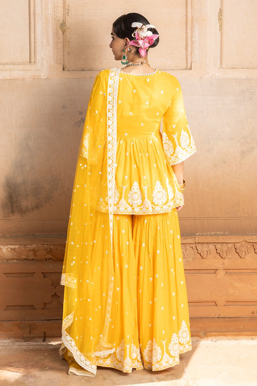 Orange all-over Embroidered Tower Sharara with Dupatta
