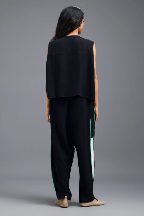 Black Neon Piped Jacket with Crop Top and Stripe Pants