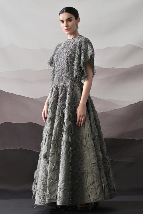 Grey Gown With Handworked Textural Embroidery