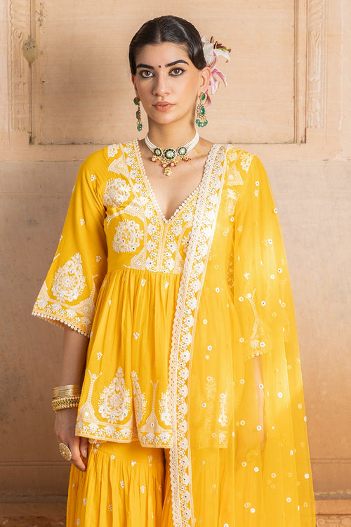 Orange all-over Embroidered Tower Sharara with Dupatta