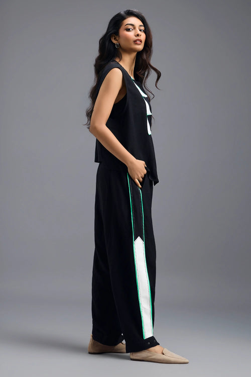 Black Neon Piped Jacket with Crop Top and Stripe Pants
