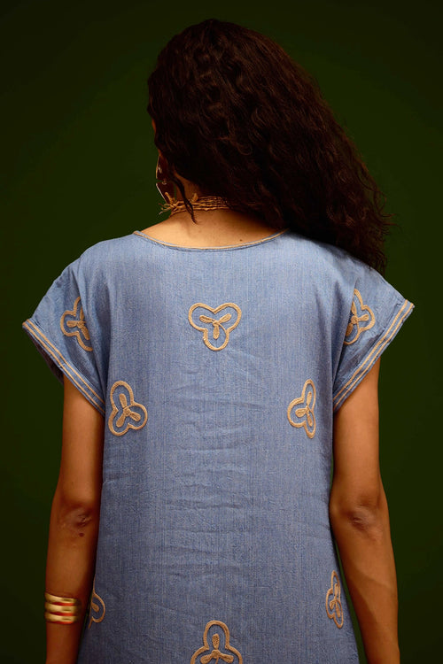 Denim Blue Orange Garden Thread Embroidered Maxi Dress