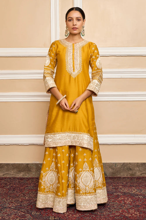 Raina Glaze Mustard Kurta with Sharara and Dupatta