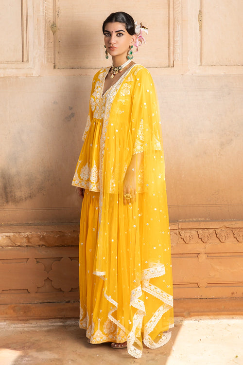 Orange all-over Embroidered Tower Sharara with Dupatta