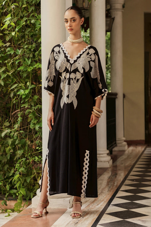 Honeycomb Embroidered Black Kaftan