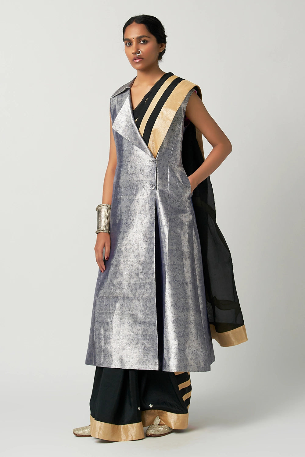Surma Mehrabiya Applique Silk Saree Set with Coat