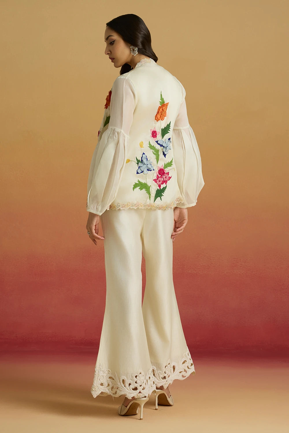 Ivory Pleated Crop Top and 3D Flared Amaryllis Jacket with Bell Bottoms