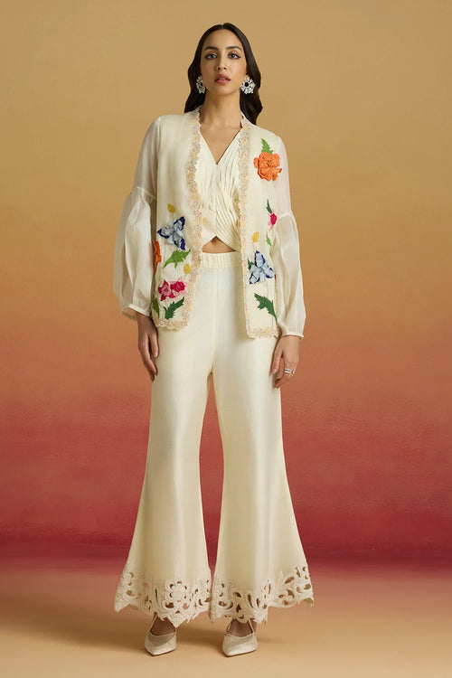 Ivory Pleated Crop Top and 3D Flared Amaryllis Jacket with Bell Bottoms