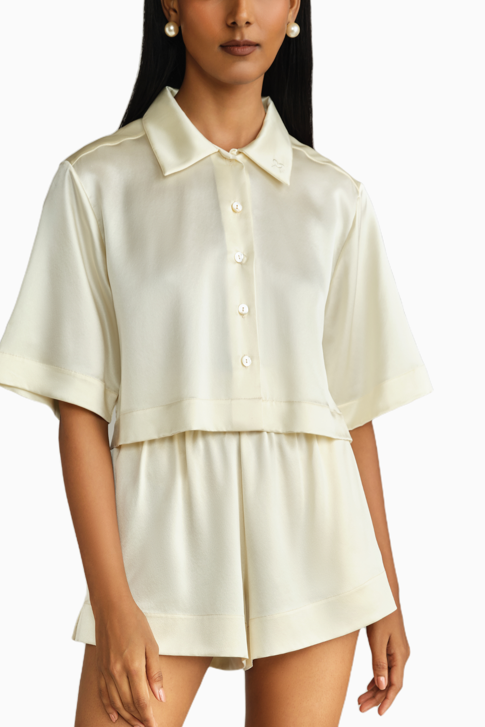 Cream Silk Cropped Bowling Shirt