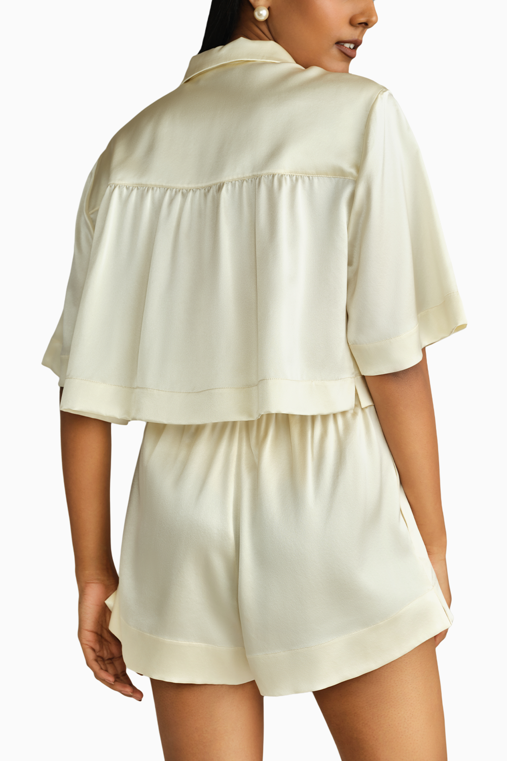 Cream Silk Cropped Bowling Shirt