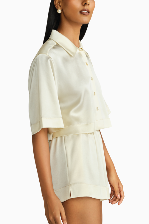 Cream Silk Cropped Bowling Shirt