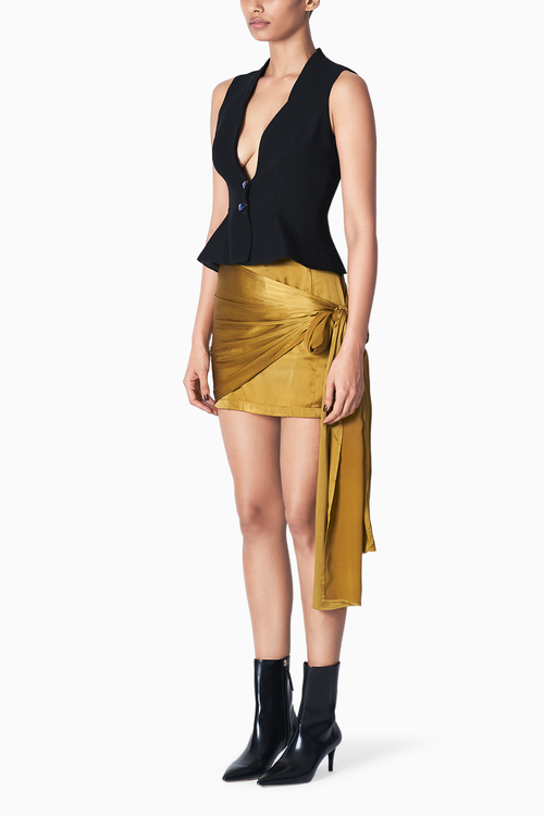 Black Crop T Blazer with Mehendi Miny Skirt