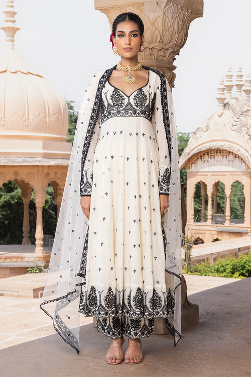 Black and White Big Tower Anarkali with Embroidered Dupatta