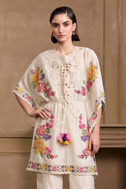 Ivory Floral Embroidered Yoke Detail Kaftan