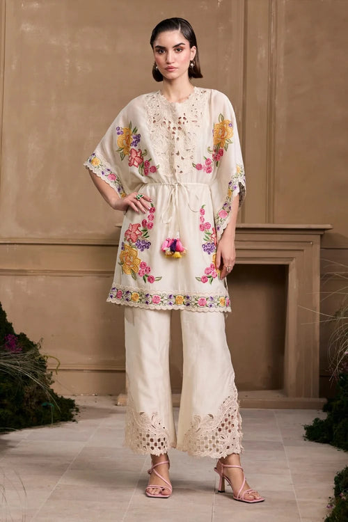 Ivory Floral Embroidered Kaftan With Pant