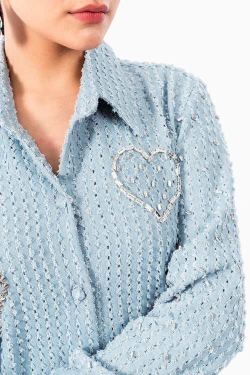 Light Denim Lazercut Heart Embellished Shirt Dress