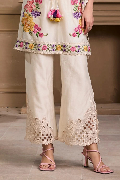 Ivory Chanderi Sheer Panelled Cutwork Pants