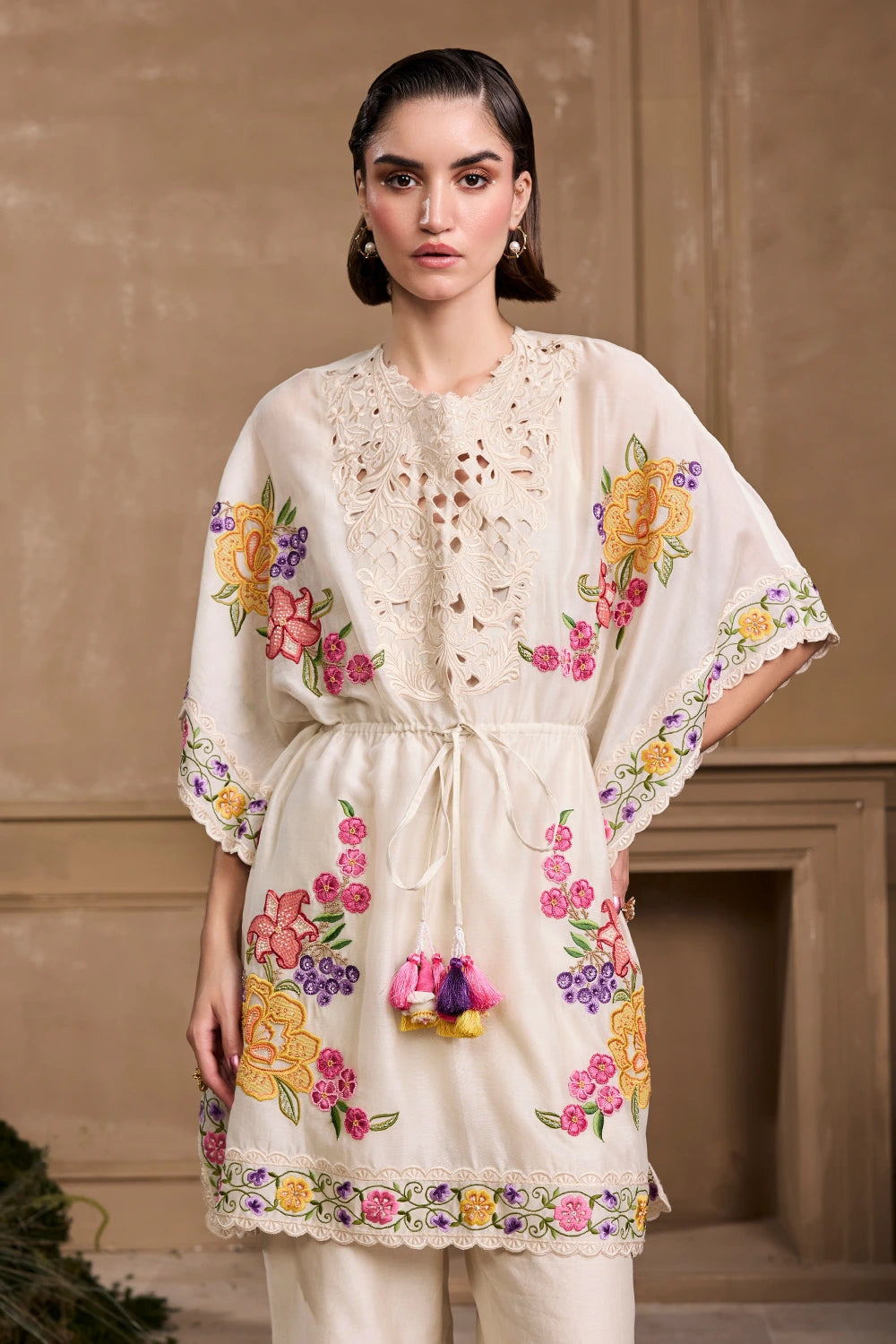 Ivory Floral Embroidered Kaftan With Pant