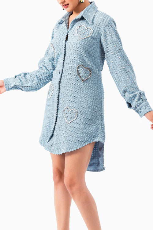 Light Denim Lazercut Heart Embellished Shirt Dress