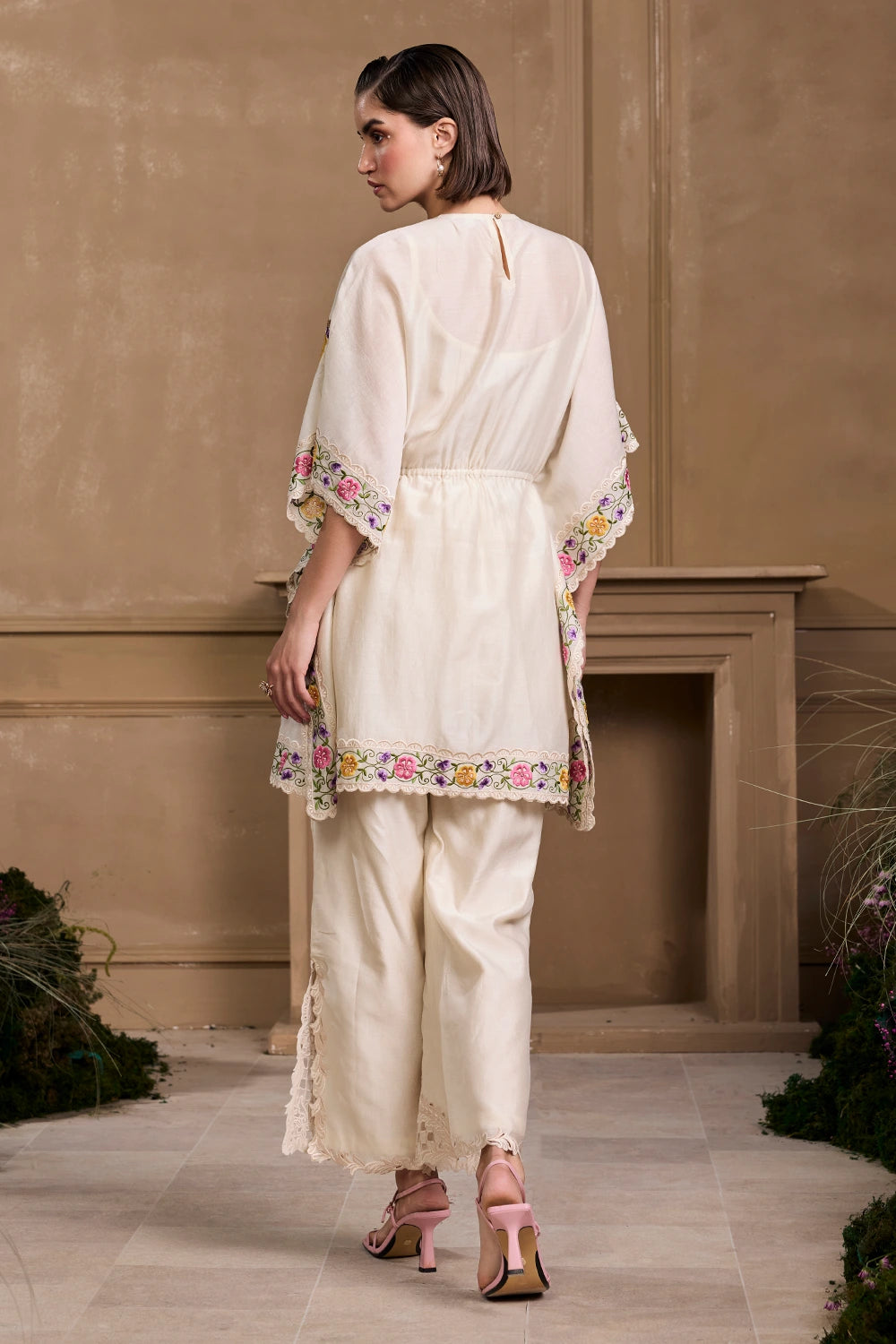 Ivory Floral Embroidered Kaftan With Pant