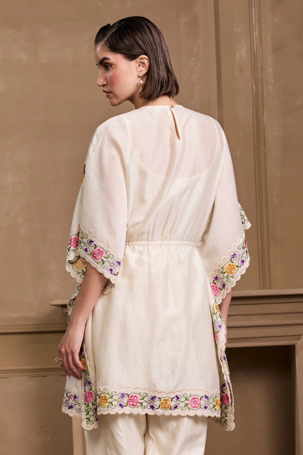 Ivory Floral Embroidered Yoke Detail Kaftan