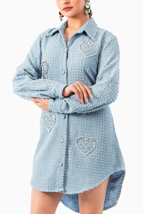 Light Denim Lazercut Heart Embellished Shirt Dress
