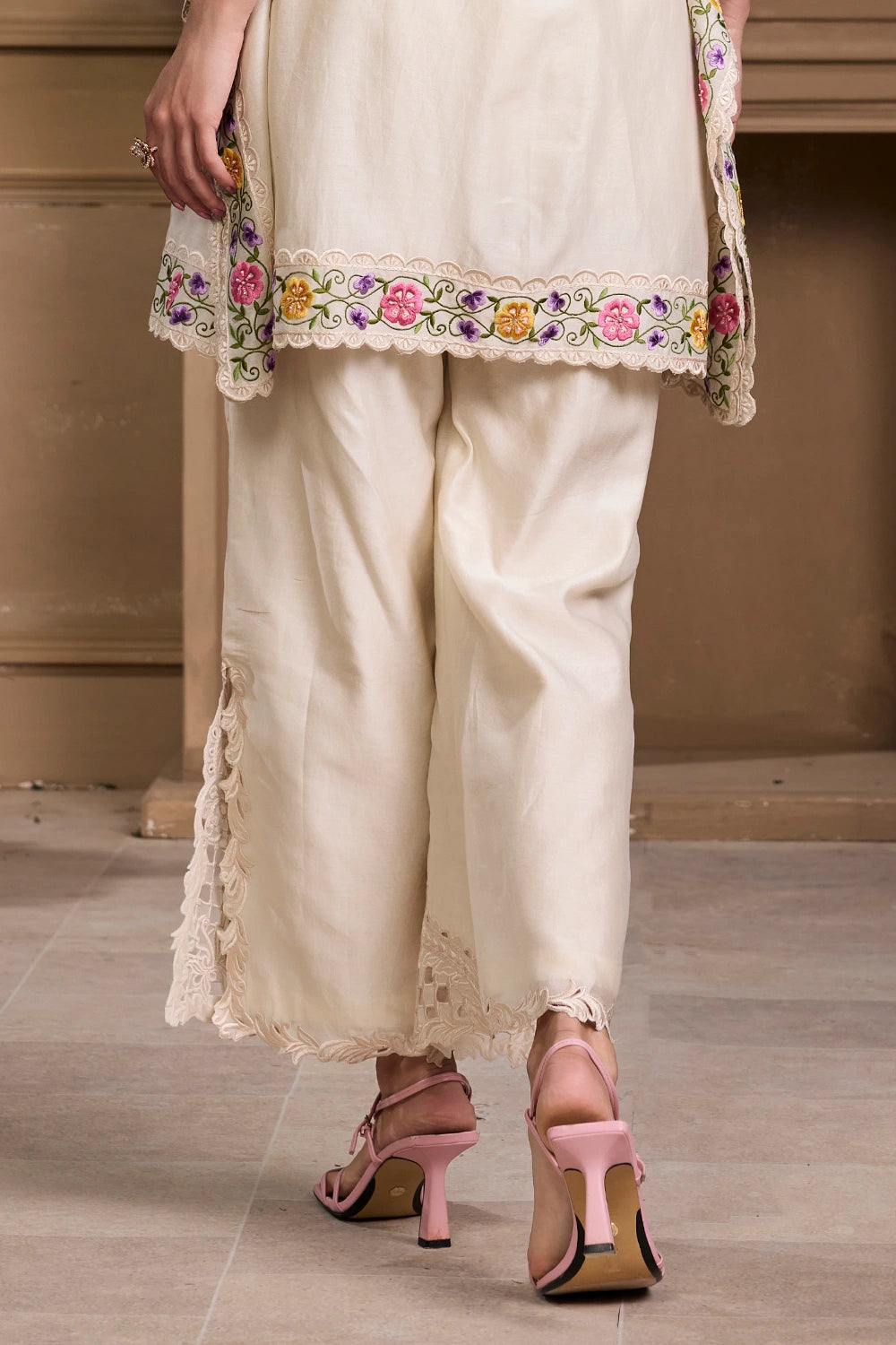 Ivory Chanderi Sheer Panelled Cutwork Pants