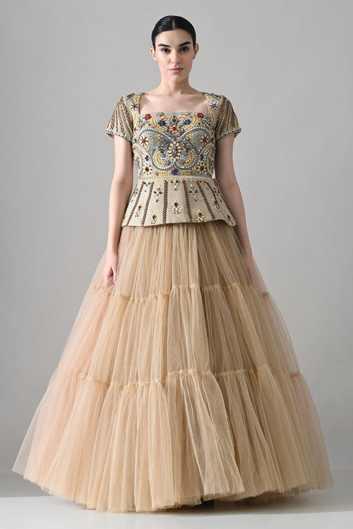 Beige Embroidered Pleated Peplum Top And Skirt Set