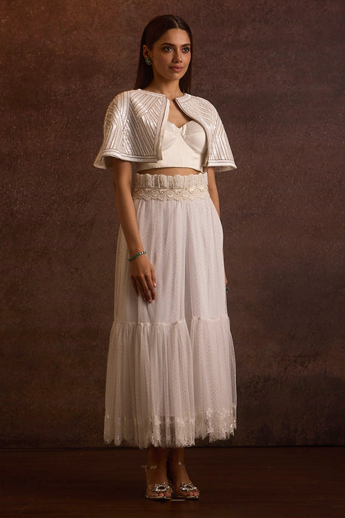 Prisha Ivory Buggle Beads Cape With Bralette & Midi Length Skirt