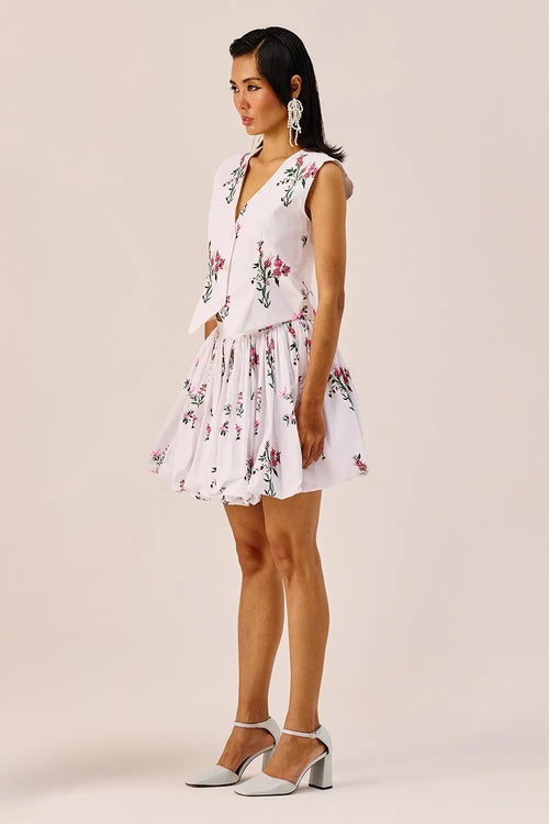 White Floral Vest Top And Mini Skirt Set